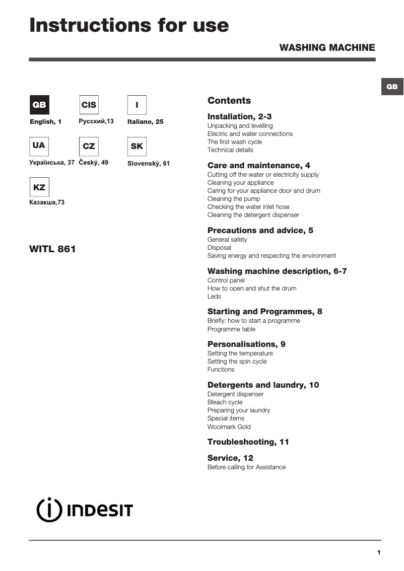 Page 1 de la notice Manuel utilisateur Indesit WITL 861 (EU)