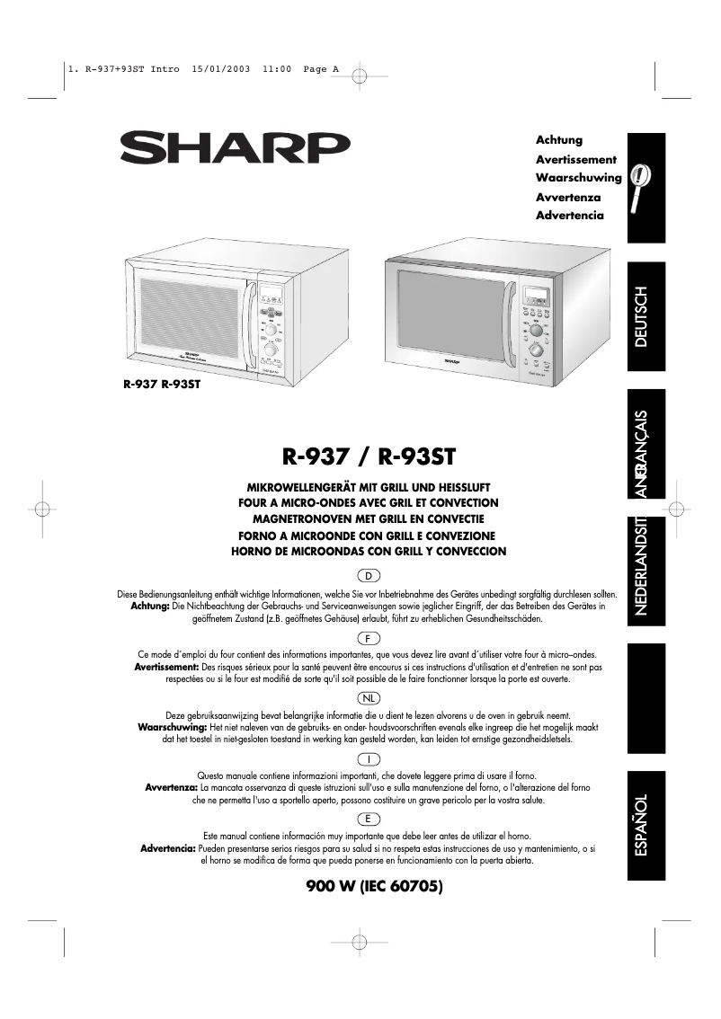 Page 1 de la notice Manuel utilisateur Sharp R937