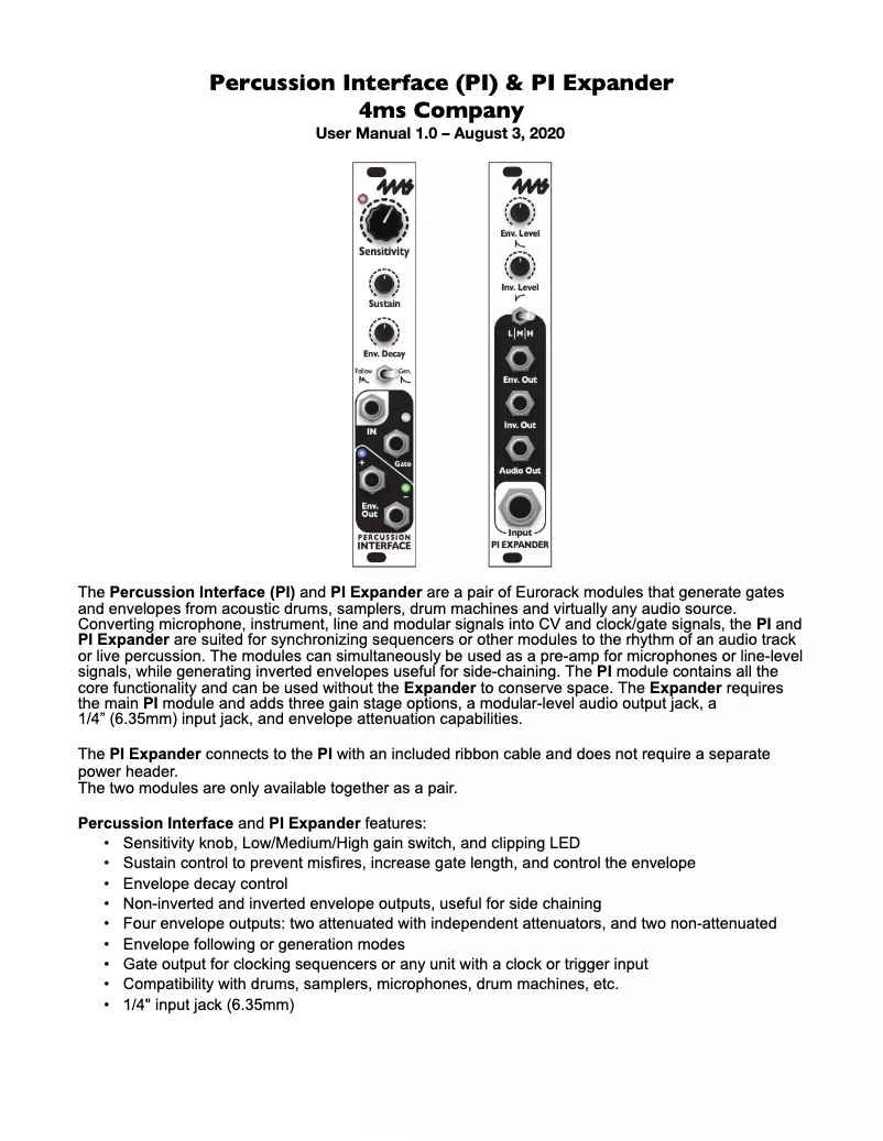 Page 1 de la notice Manuel utilisateur 4ms Percussion Interface