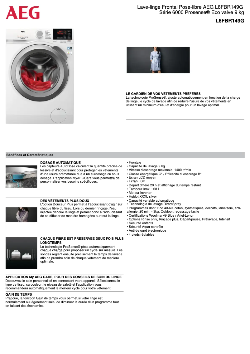 Page 1 de la notice Fiche technique AEG L6FBR149G