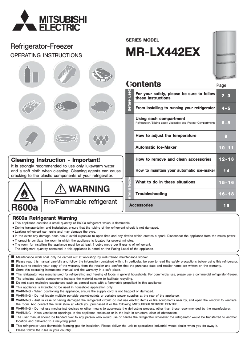 Page 1 de la notice Manuel utilisateur Mitsubishi MR-LX442EX