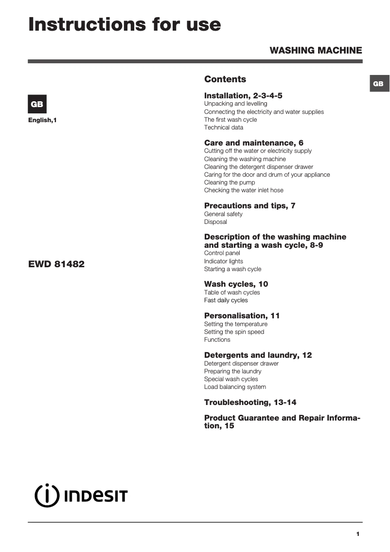 Page 1 de la notice Manuel utilisateur Indesit EWD 81482 W