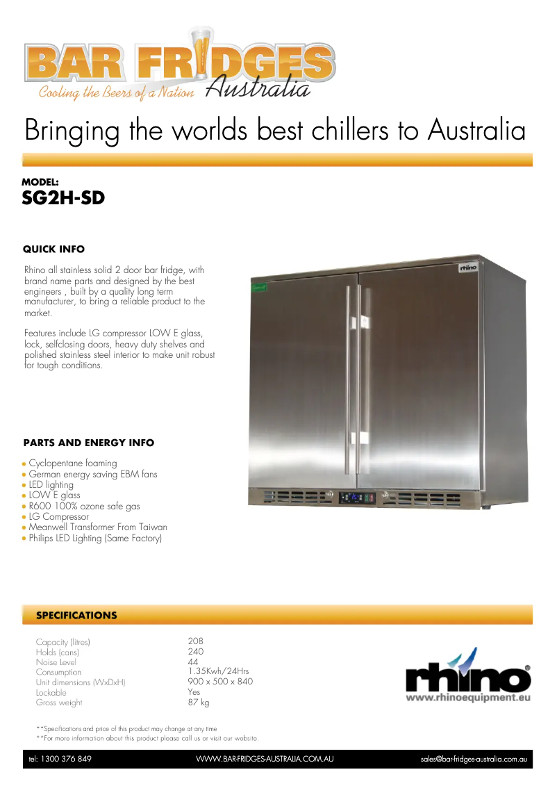 Page 1 de la notice Fiche technique Rhino SG2H-SD