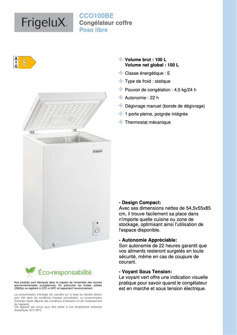 Page 1 de la notice Fiche technique FrigeluX CCO100BE