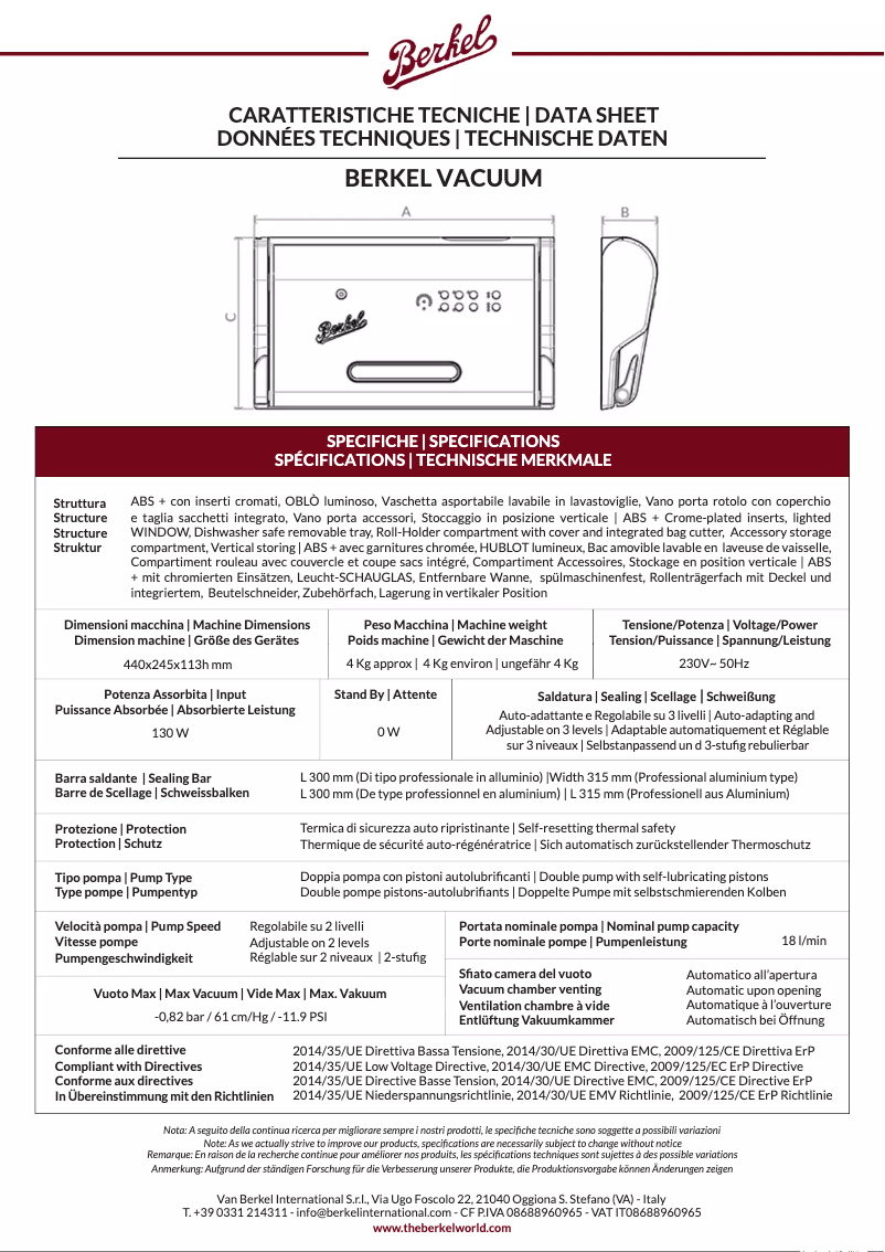 Page n°1 - Fiche technique Berkel Vacuum