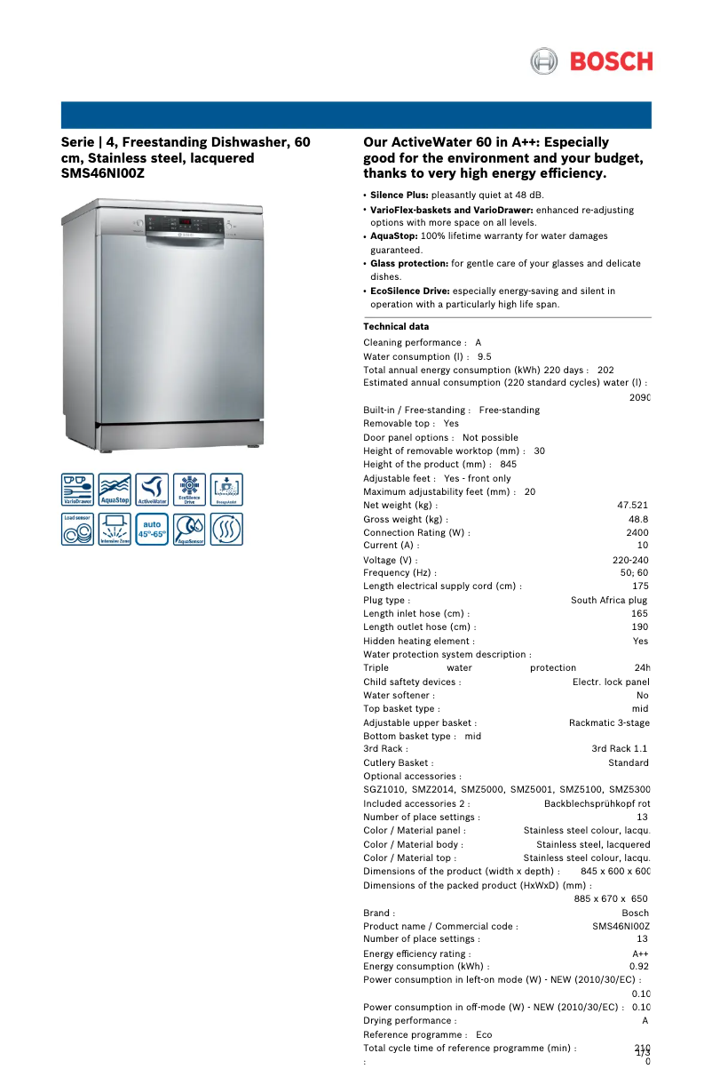 Page n°1 - Fiche technique Bosch SMS46NI00Z