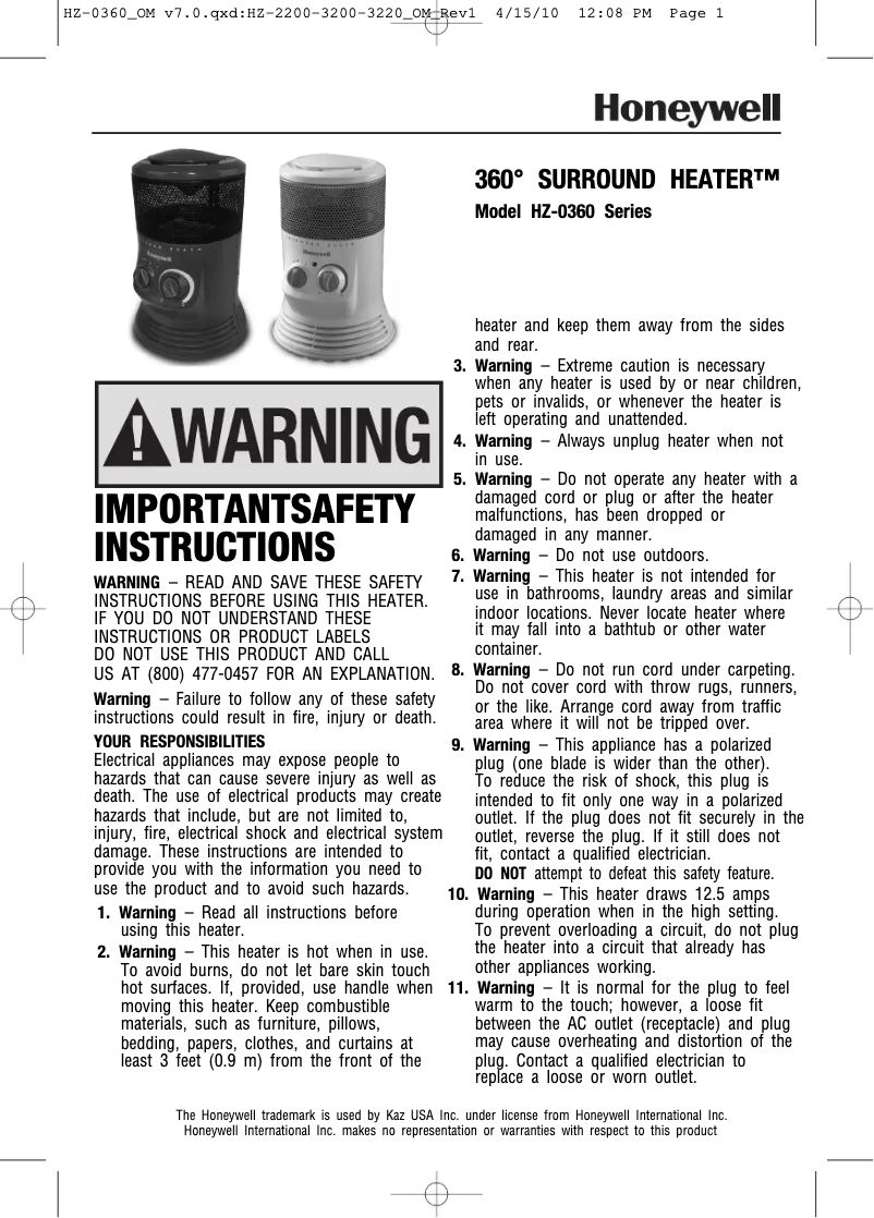 Page n°1 - Manuel utilisateur Honeywell HZ-0360