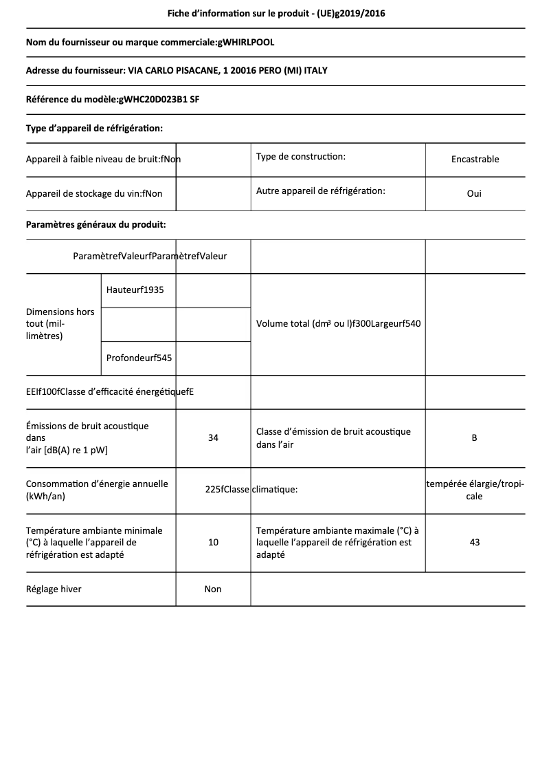 Page 1 de la notice Fiche technique Whirlpool WHC20D023B1 SF