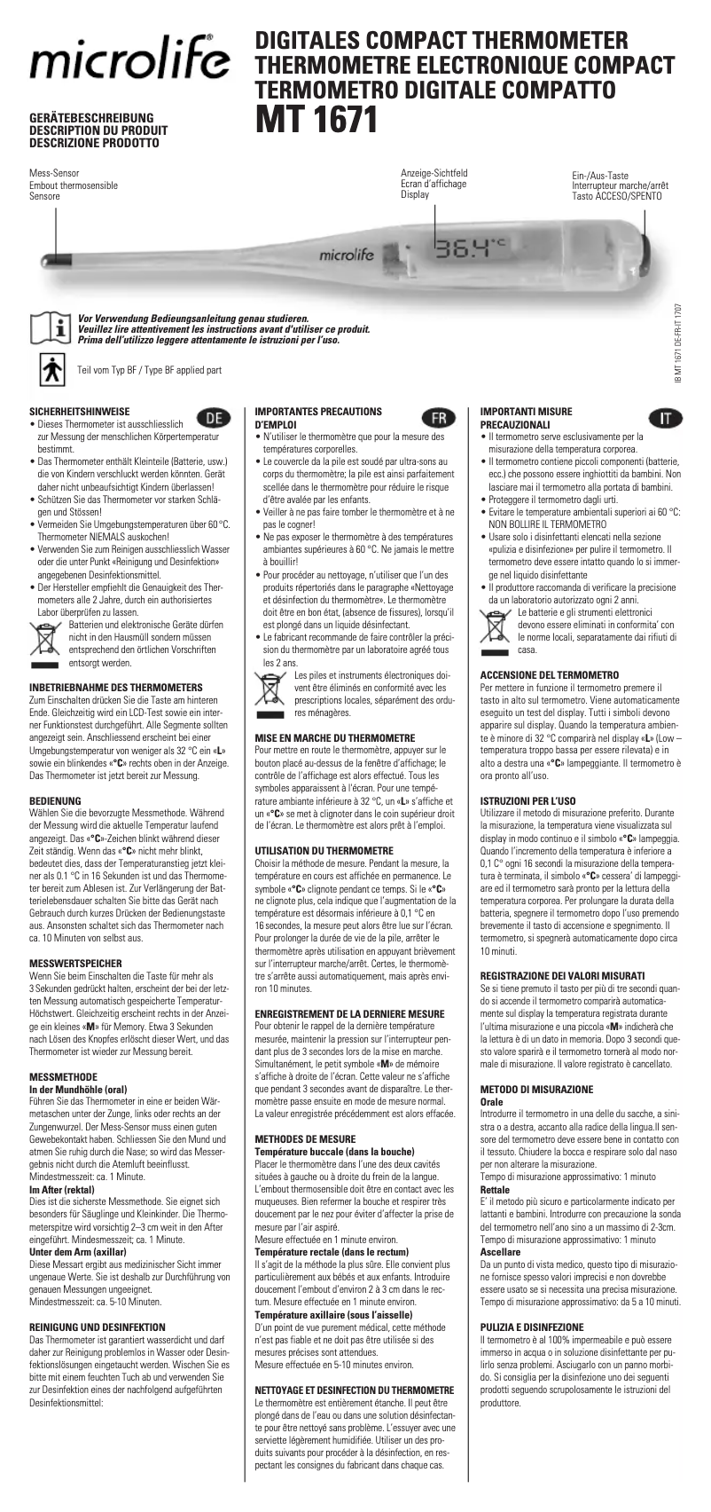 Page 1 de la notice Manuel utilisateur Microlife MT 1671