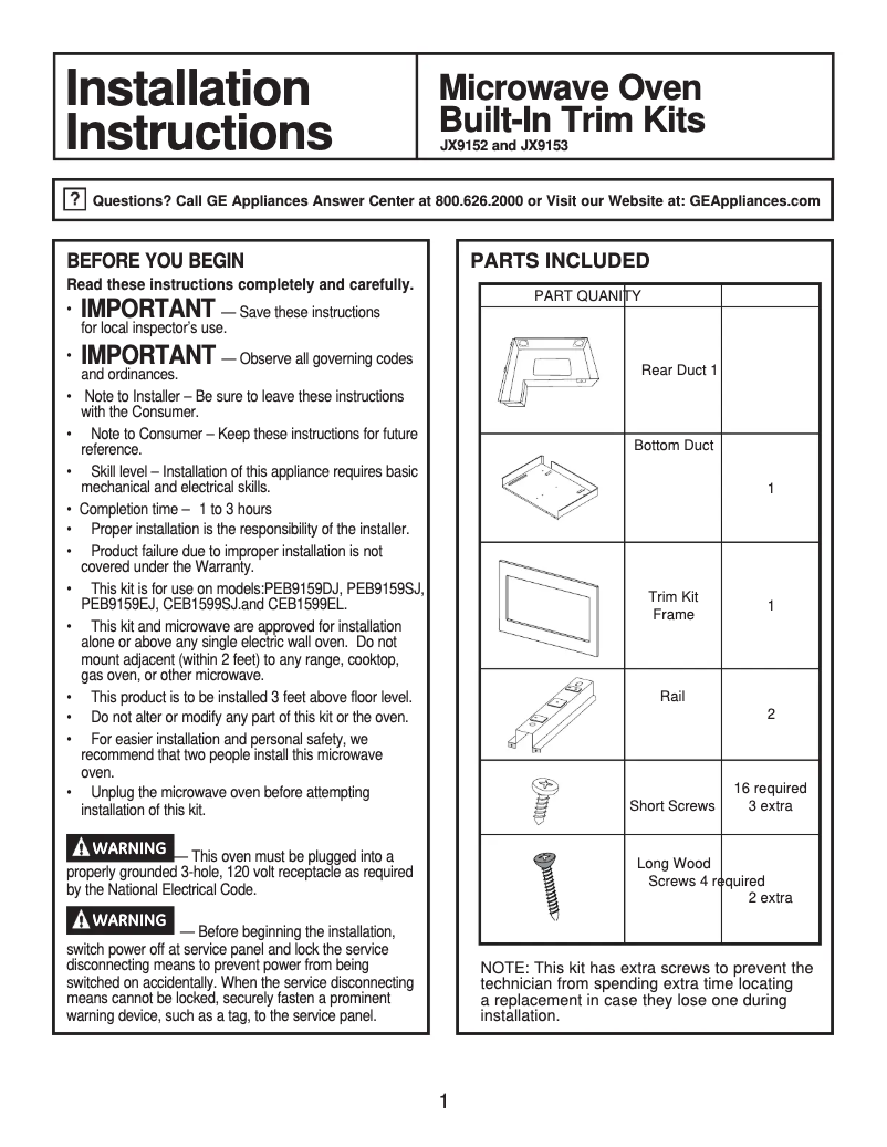 Page 1 de la notice Guide d'installation GE Profile PEB9159DJBB