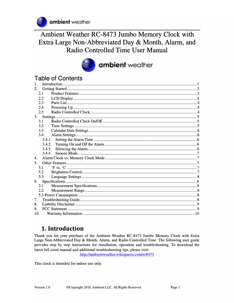 Page 1 de la notice Manuel utilisateur Ambient Weather RC-8473