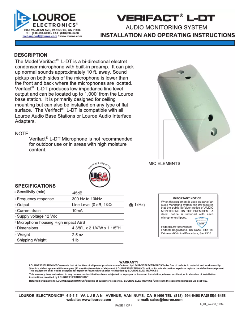 Image de la première page du manuel de l'appareil Verifact L-DT