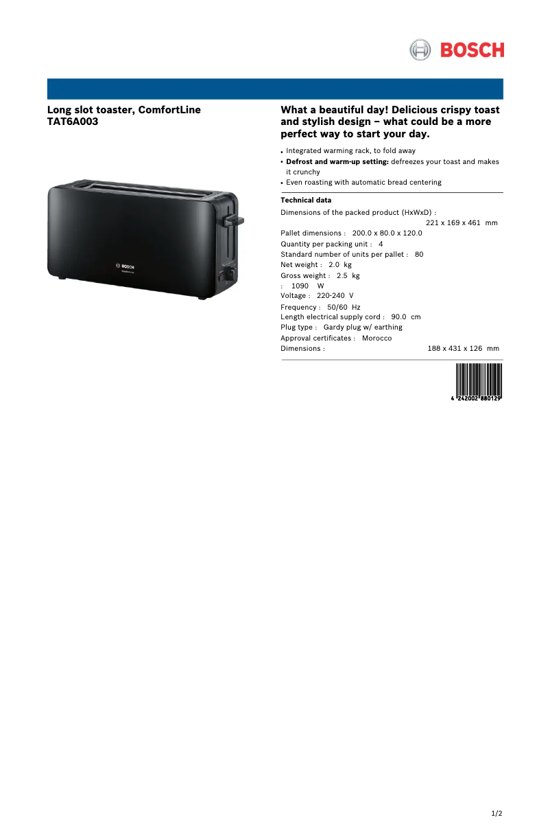 Página 1 del manual Ficha técnica Bosch ComfortLine TAT6A003