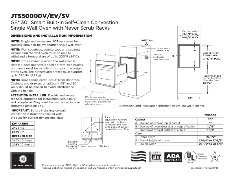 Page 1 of the manual Technical Sheet GE JTS5000DVBB