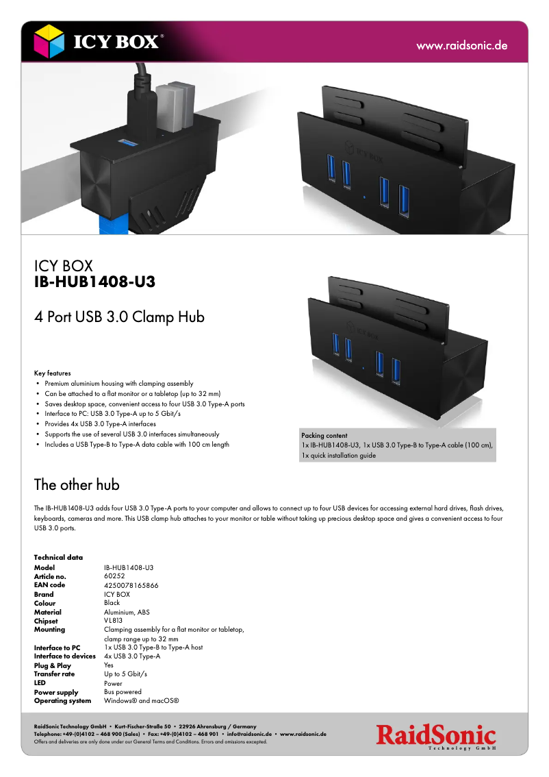 Página 1 del manual Ficha técnica Icy Box IB-HUB1408-U3
