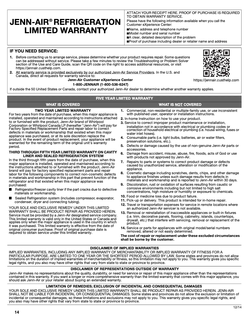 Page 1 de la notice Informations de garantie JennAir JUR24FRECX