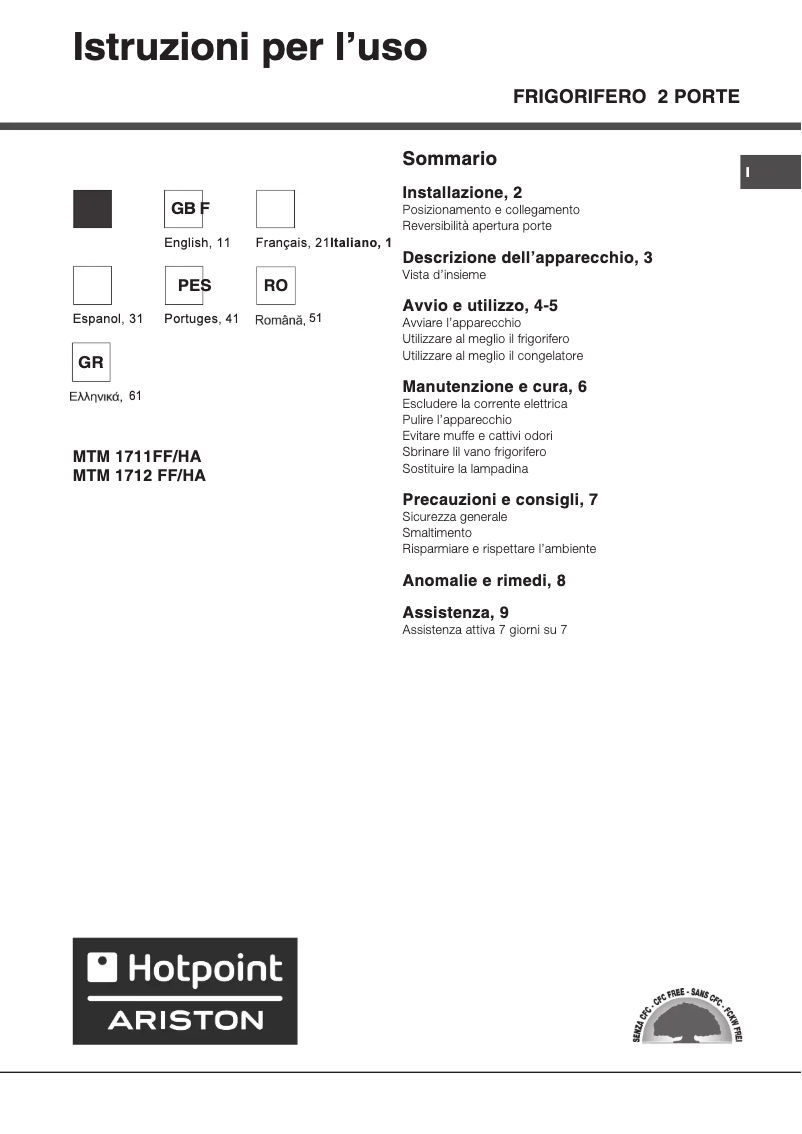 Page 1 de la notice Manuel utilisateur Hotpoint Ariston MTM 1711 FF/HA