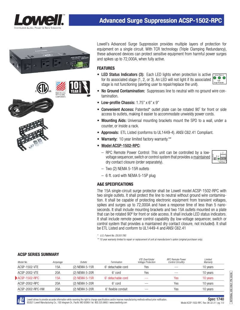 Page n°1 - Manuel utilisateur Lowell ACSP-1502-VTE