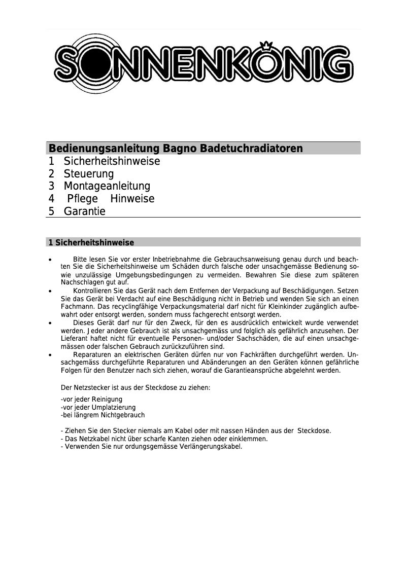 Page n°1 - Manuel utilisateur Sonnenkönig Bagno Hana 2