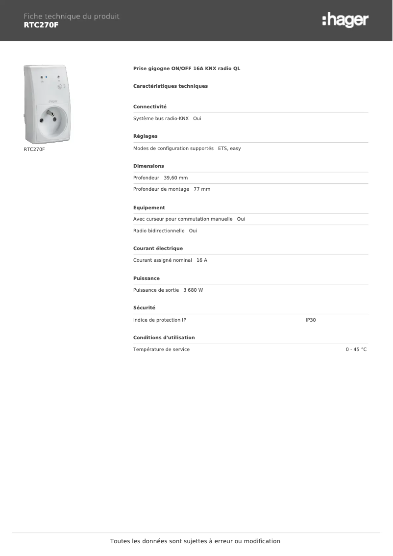Page 1 de la notice Fiche technique Hager RTC270F