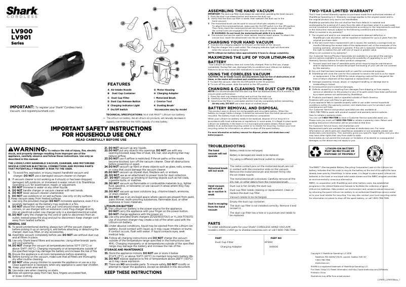 Page 1 de la notice Manuel utilisateur Shark Pet Perfect LV901