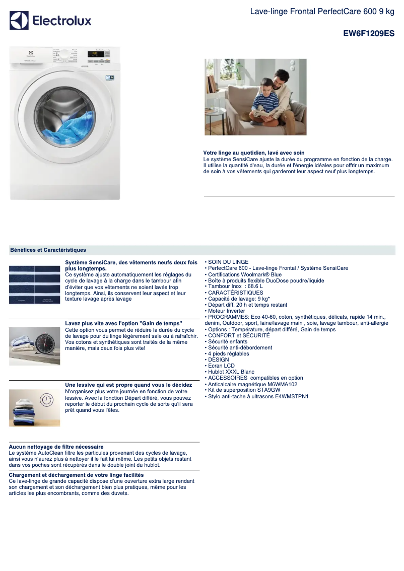 Page 1 de la notice Fiche technique Electrolux EW6F1209ES
