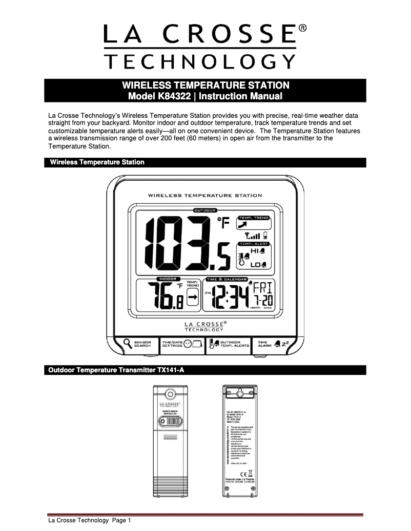 Page n°1 - Manuel utilisateur La Crosse Technology K84322