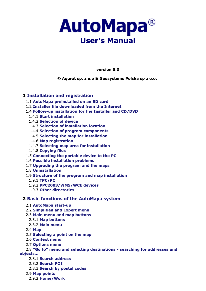 Image de la première page du manuel de l'appareil AutoMapa ver. 5.3