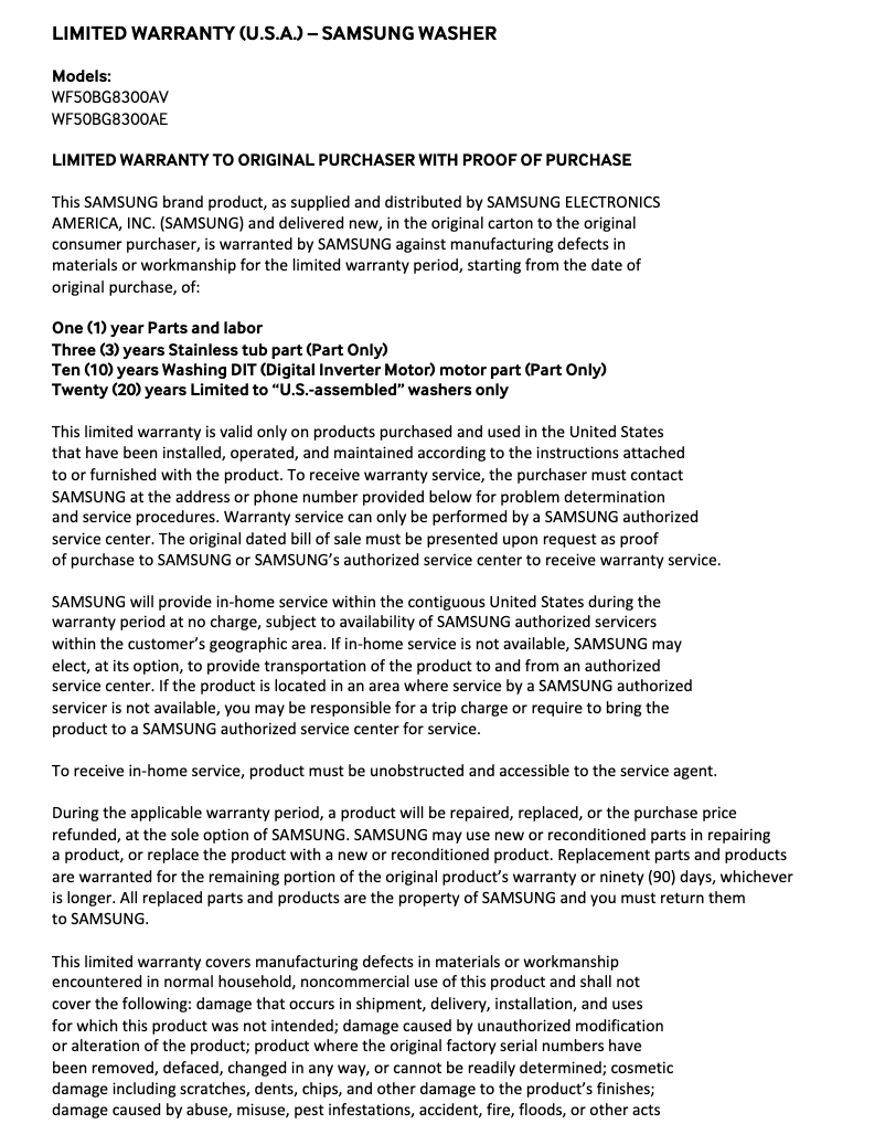 Page 1 de la notice Informations de garantie Samsung WF50BG8300AE