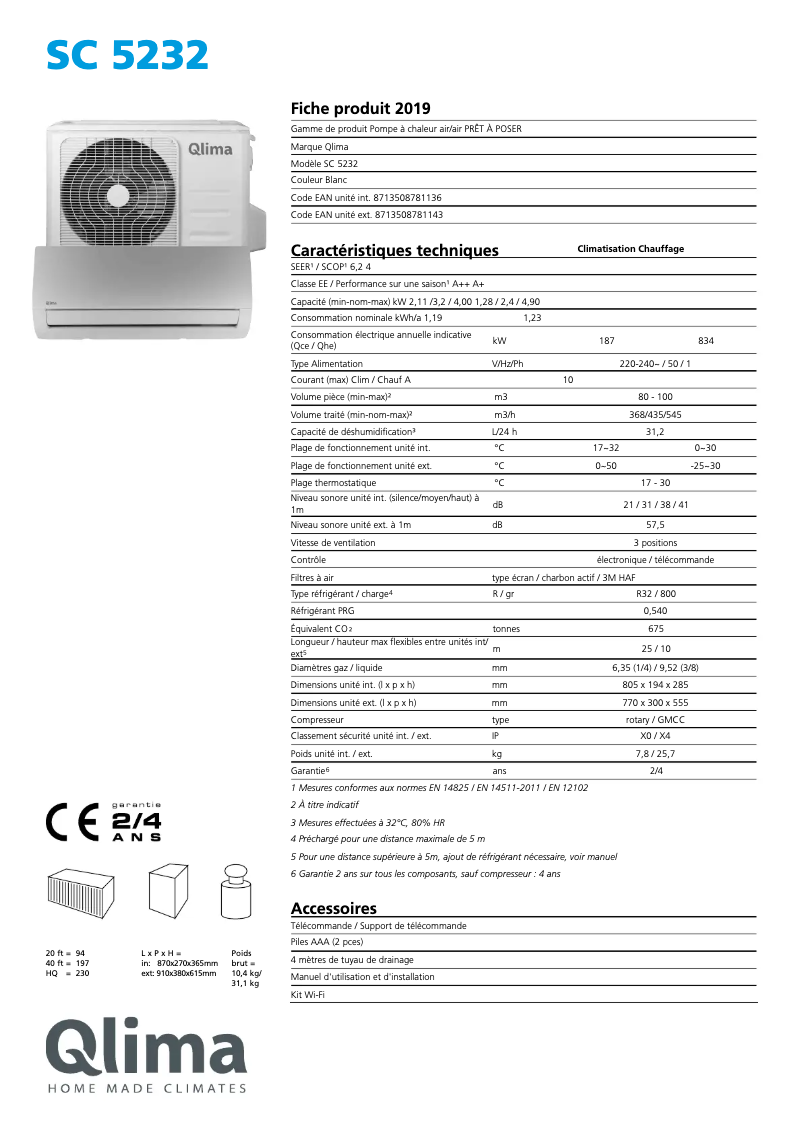 Page n°1 - Fiche technique Qlima SC 5232