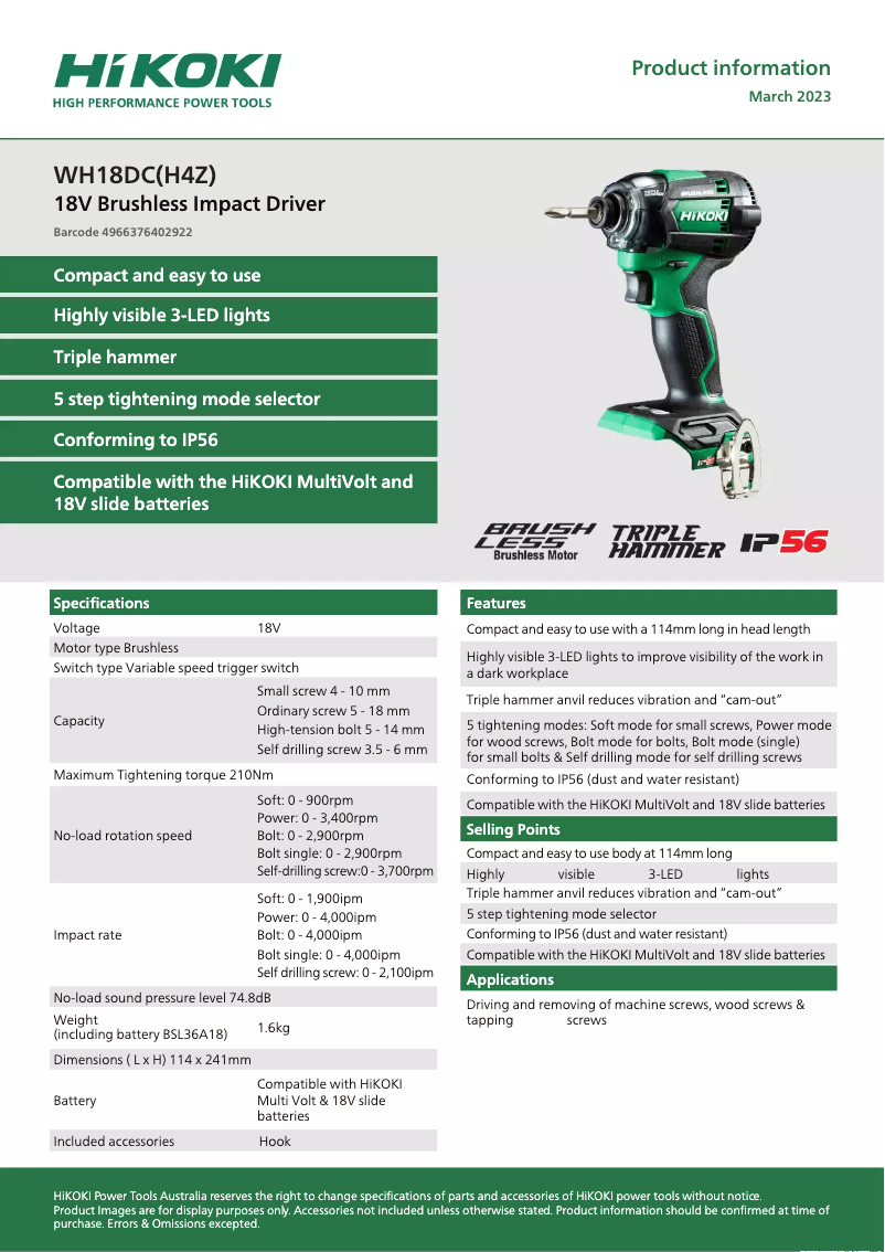 Página 1 del manual Ficha técnica HiKOKI WH18DC