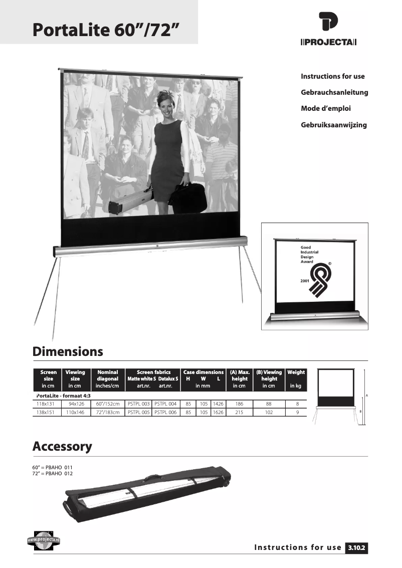 Page 1 de la notice Manuel utilisateur Projecta Porta Lite