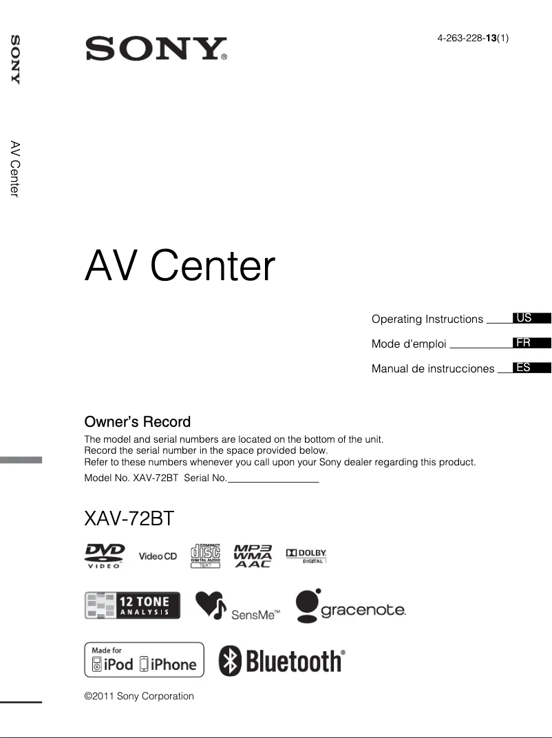 Page 1 de la notice Manuel utilisateur Sony XAV-72BT