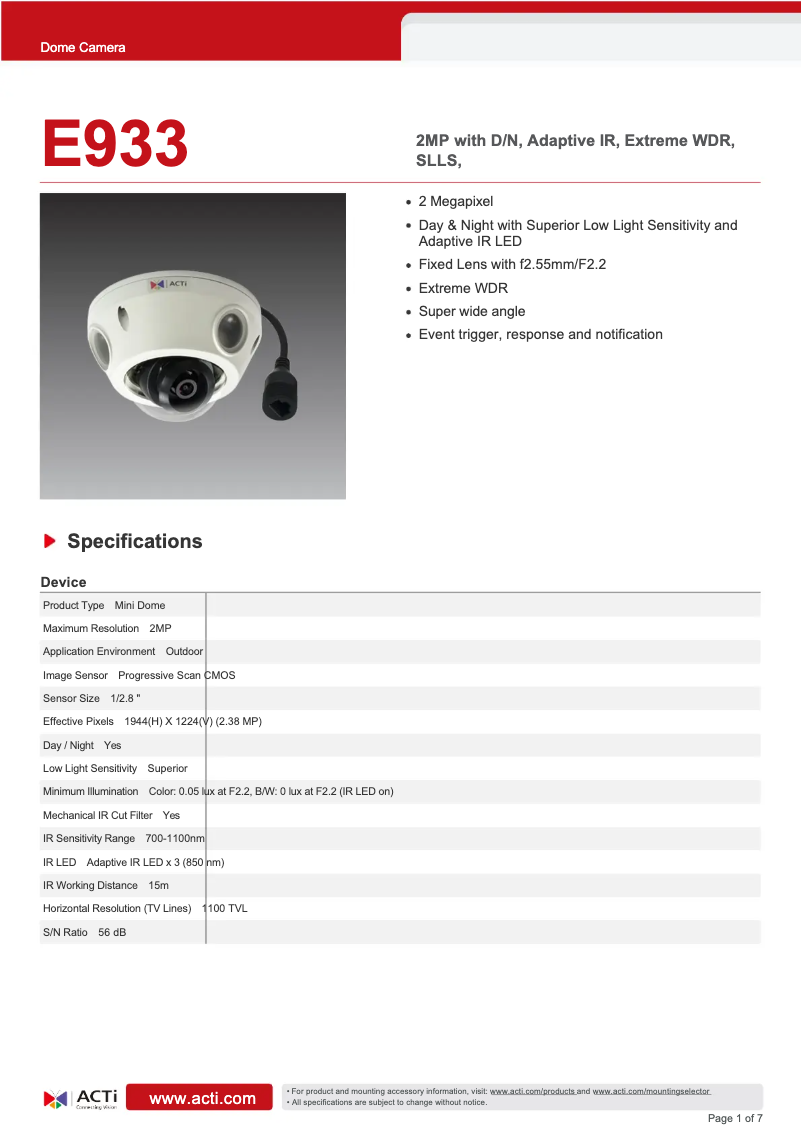Page 1 de la notice Fiche technique ACTi E933
