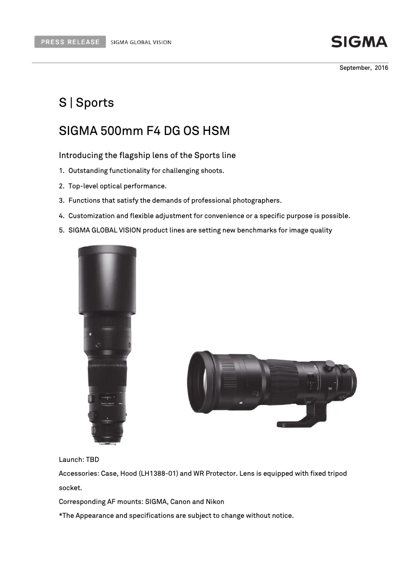 Page 1 de la notice Fiche technique Sigma Sports 500mm F4 DG OS HSM