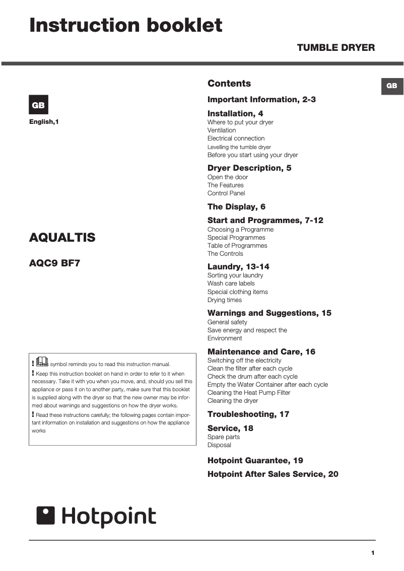 Page 1 de la notice Manuel utilisateur Hotpoint AQC9BF7I