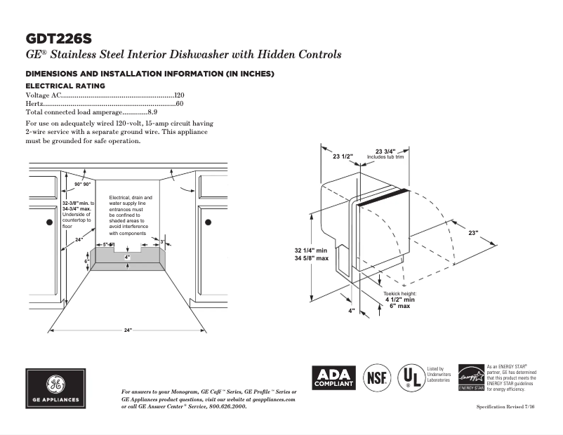 Page 1 de la notice Fiche technique GE GDT226SGLWW