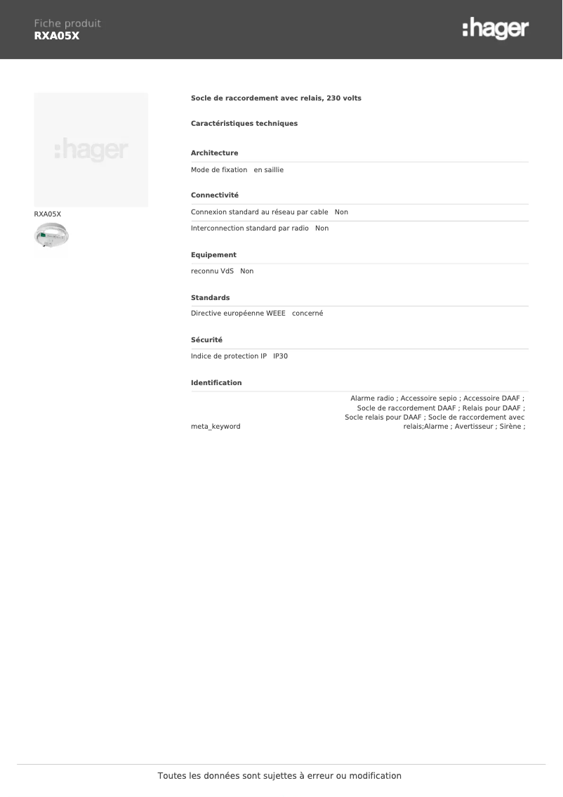 Page n°1 - Fiche technique Hager RXA05X