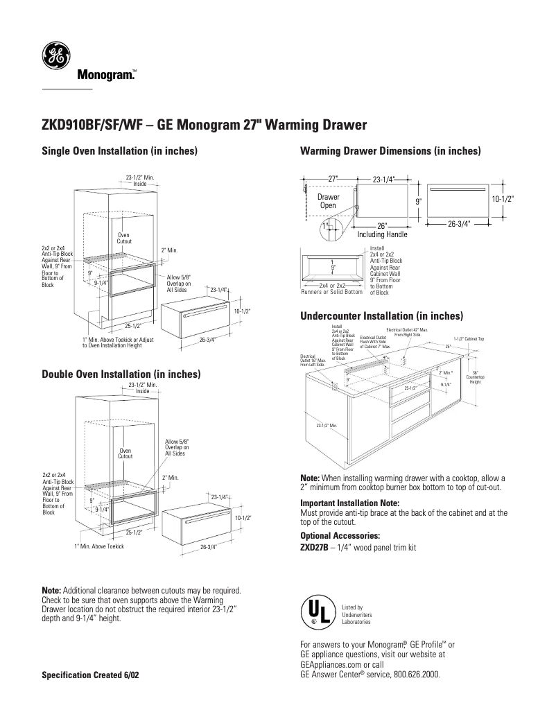 Page 1 of the manual Technical Sheet GE ZKD910WFWW