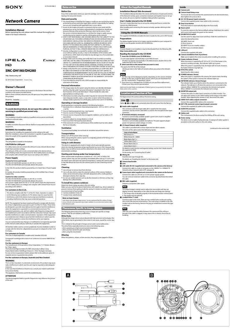 Page 1 de la notice Mode d'emploi Sony SNC-DH180