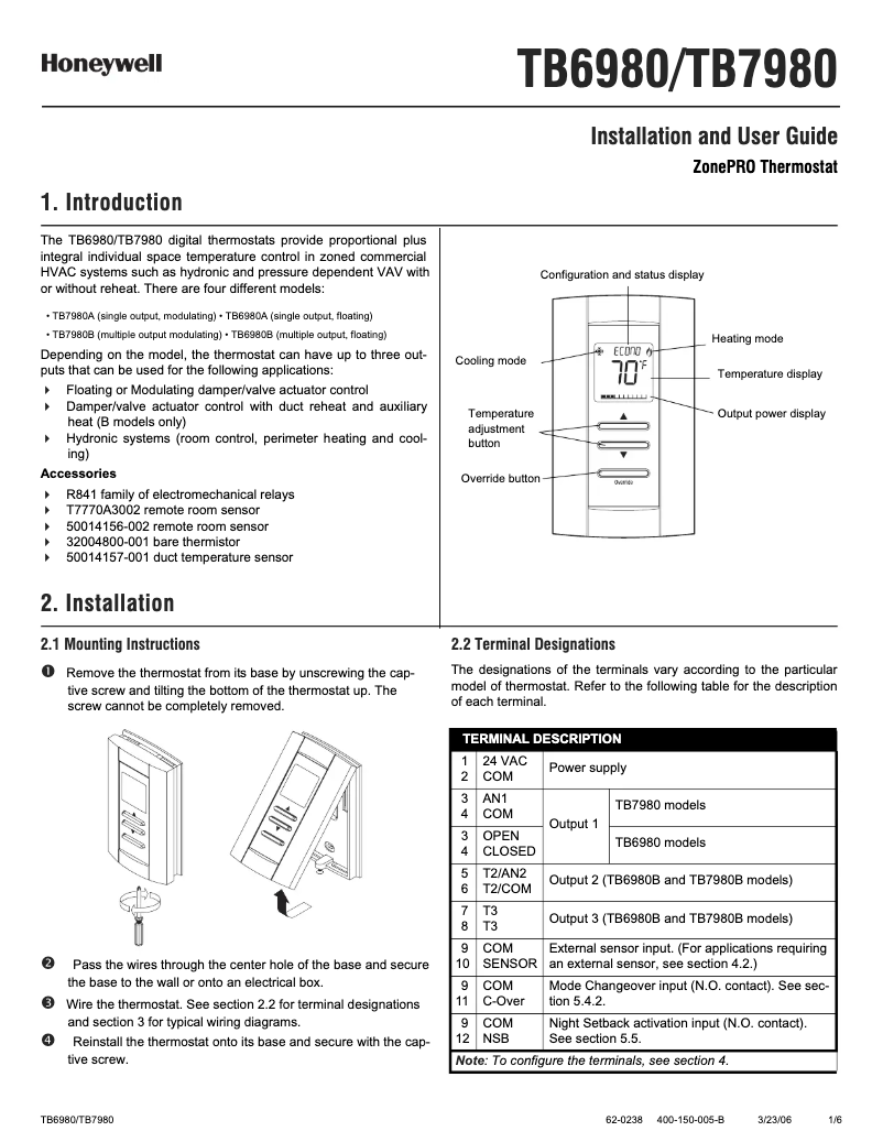 Page 1 de la notice Manuel utilisateur Honeywell TB6980