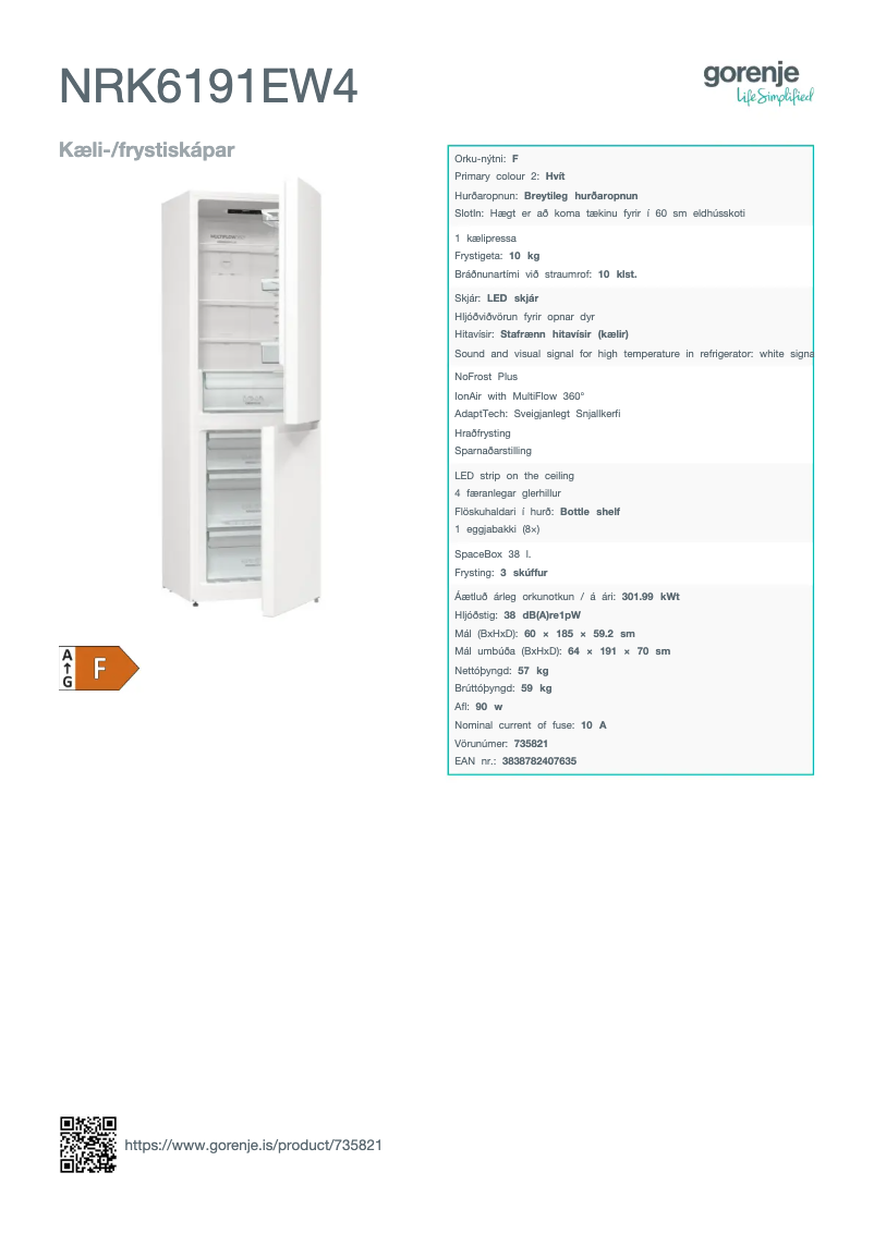 Página 1 del manual Ficha técnica Gorenje NRK6191EW4