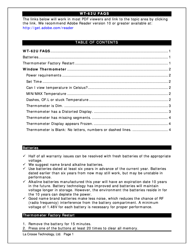 Page n°1 - FAQ La Crosse Technology WT-62U