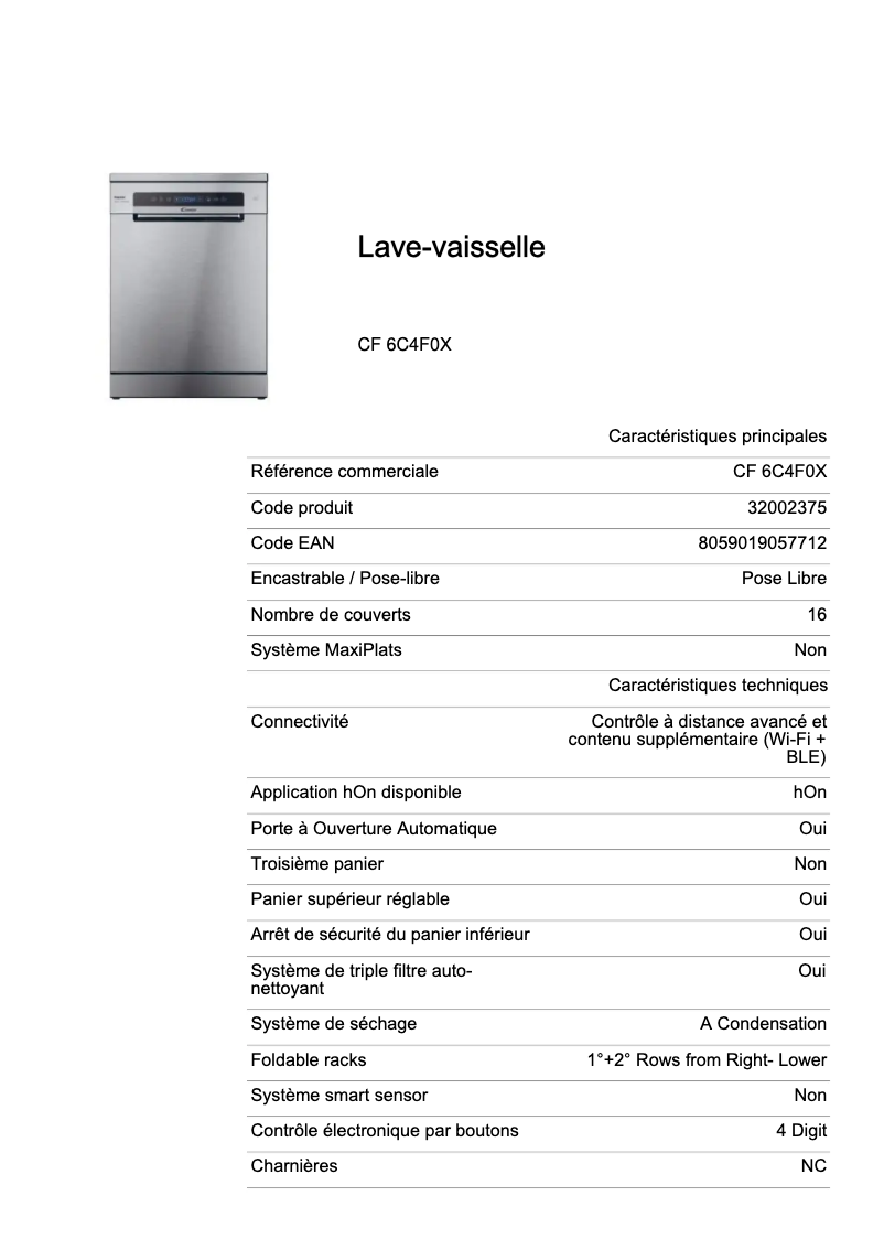 Page 1 de la notice Fiche technique Candy CF 6C4F0X