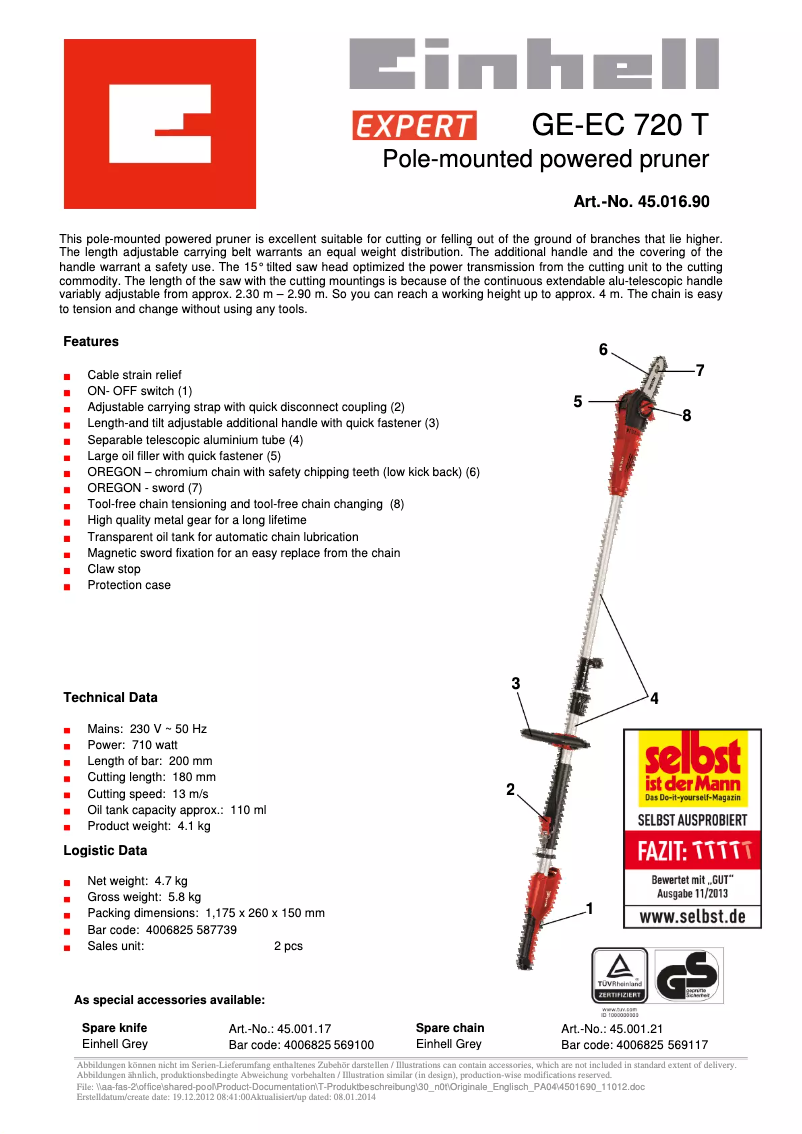 Page 1 de la notice Manuel utilisateur Einhell GE-EC 720 T