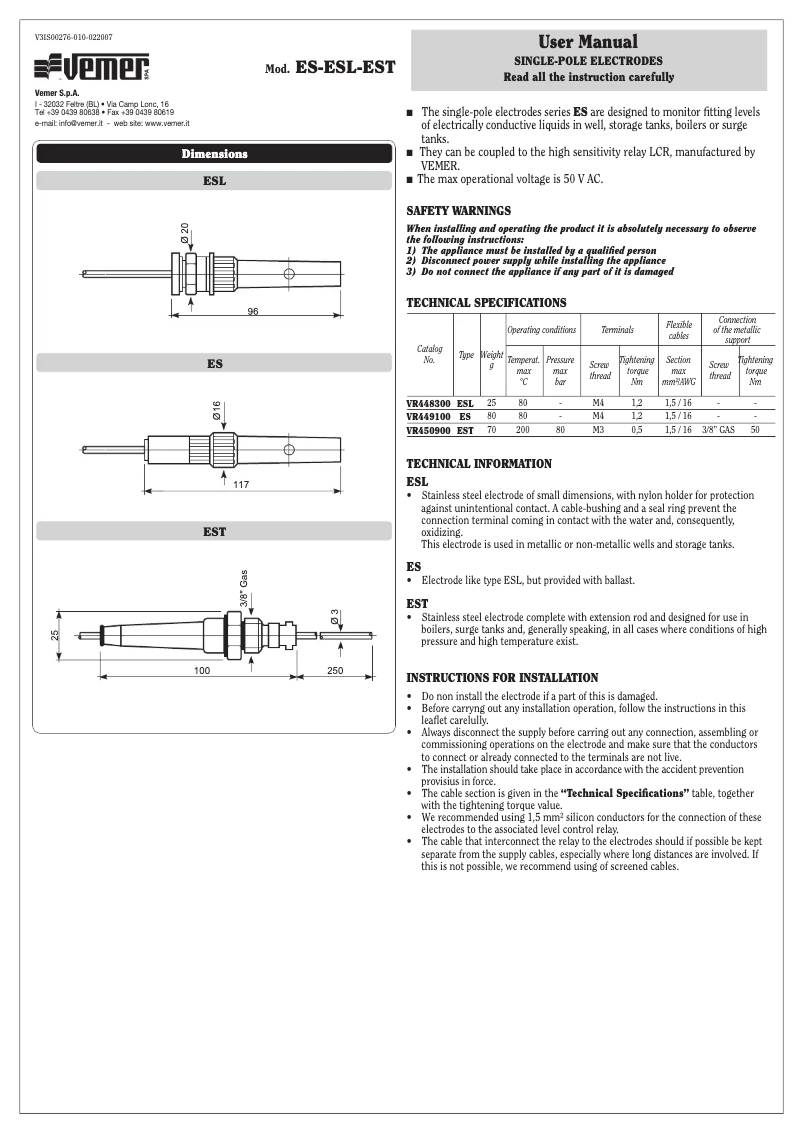 Page 1 de la notice Manuel utilisateur Vemer EST