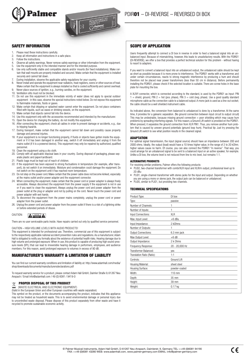 Page n°1 - Manuel utilisateur Palmer DI-Reverse