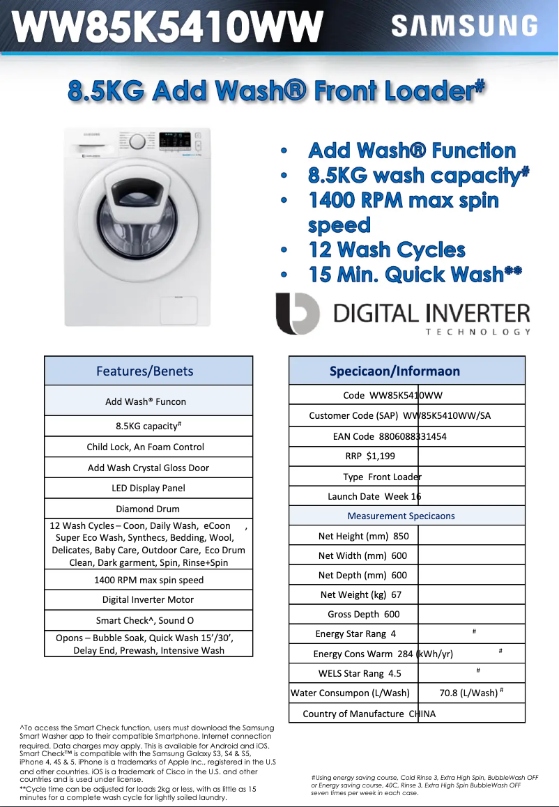 Page 1 de la notice Fiche technique Samsung WW85K5410WW