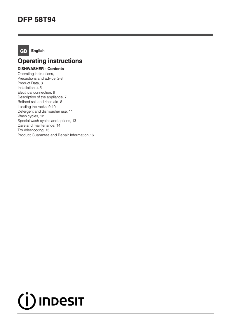 Page 1 de la notice Manuel utilisateur Indesit DFP 58T96 Z UK