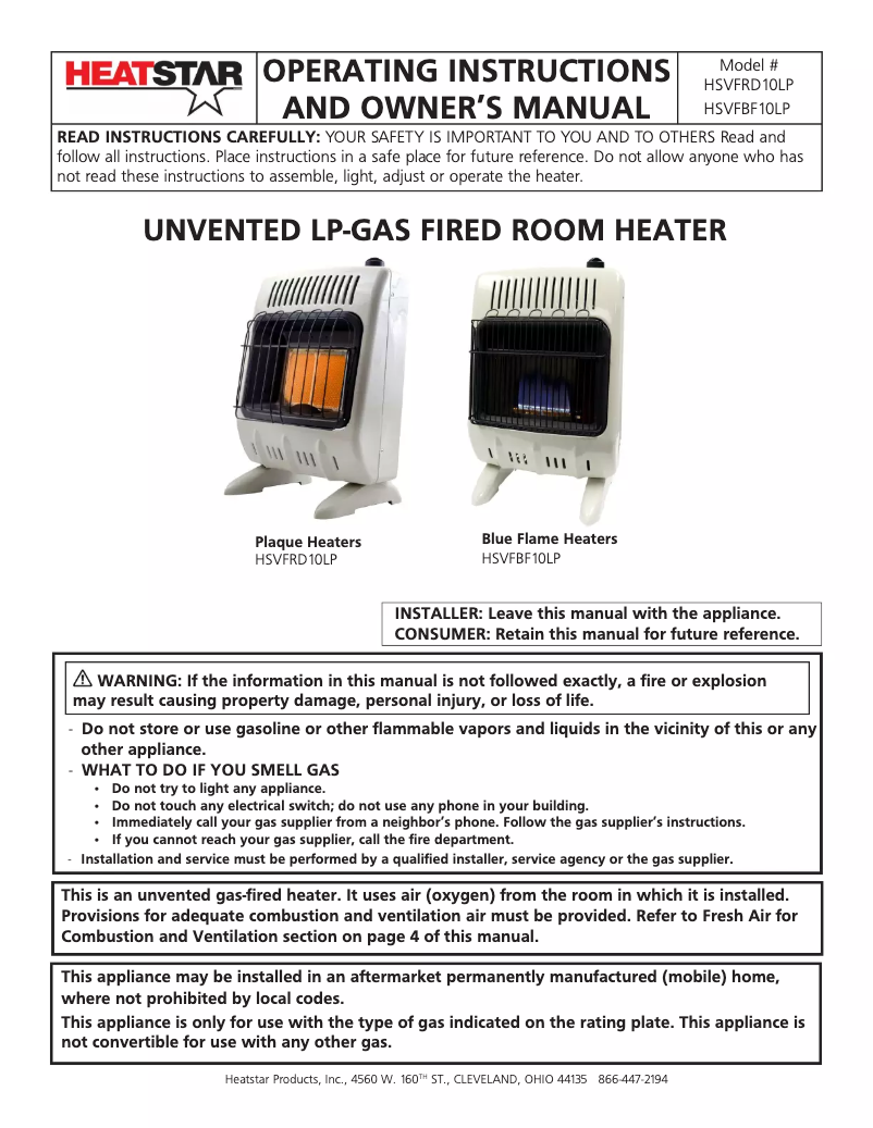 Page 1 de la notice Manuel utilisateur HeatStar HSVFBF10LP